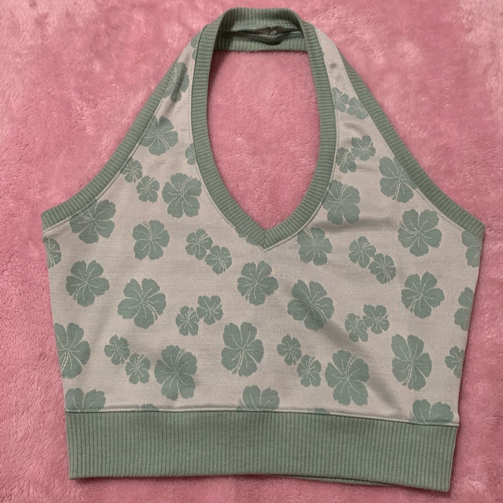 Cute Floral V-Neck Tank Top - Green